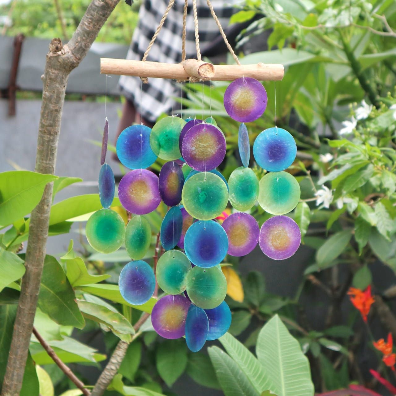 Green & Purple Driftwood Cross Chime – Handmade Capiz Shell & Driftwood