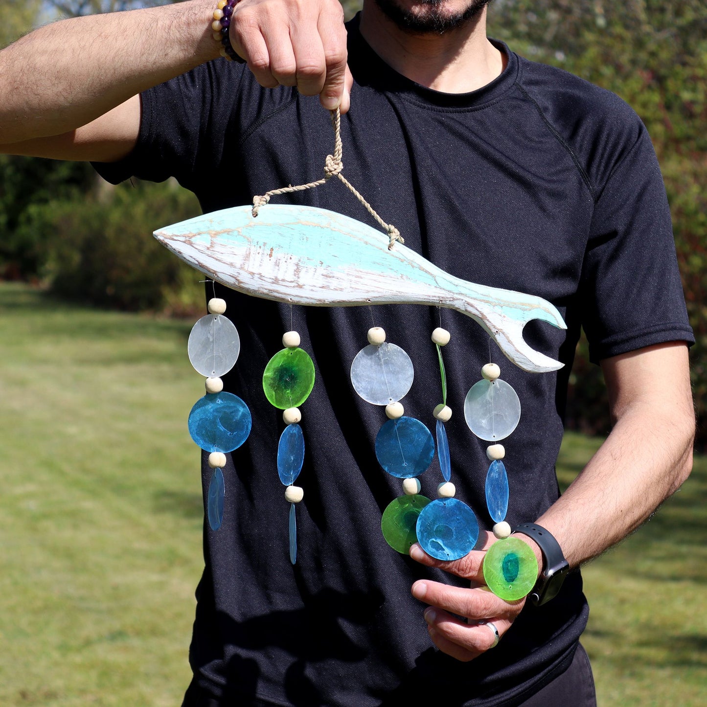 Aqua Fish Carving & Capiz Drop Chime – Handmade Natural Wind Chime