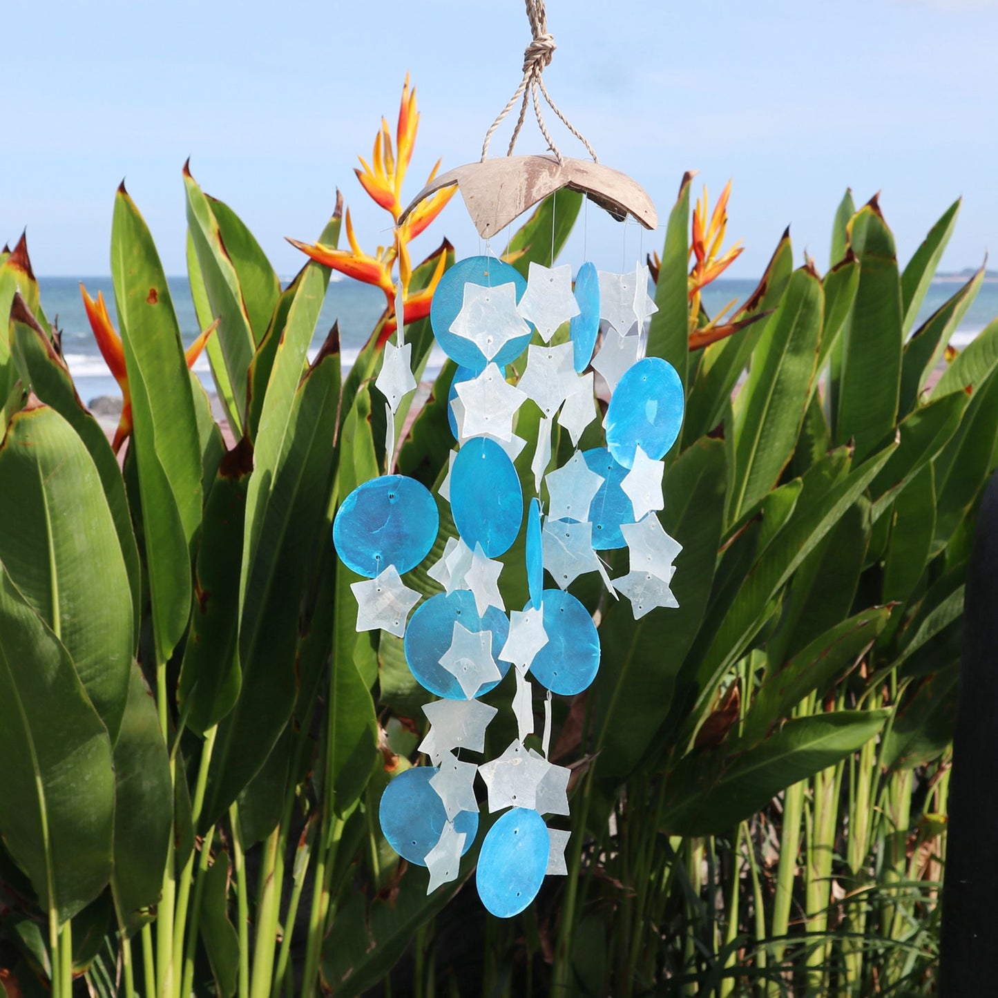 Coconut & Capiz Wind Chimes – Blue & White Stars, 30cm