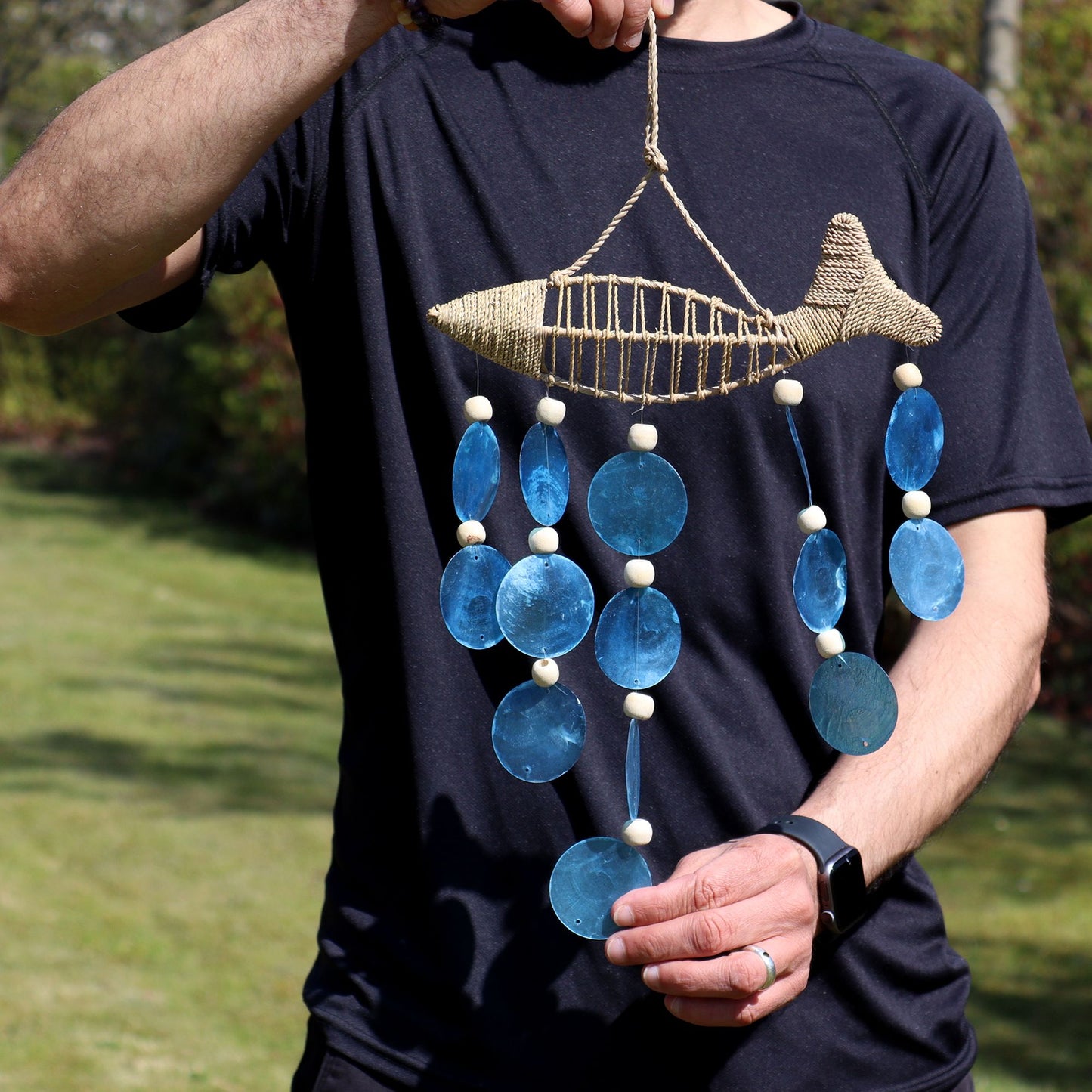 String Fish & Blue Capiz Drop Chime – Handmade Wind Chime