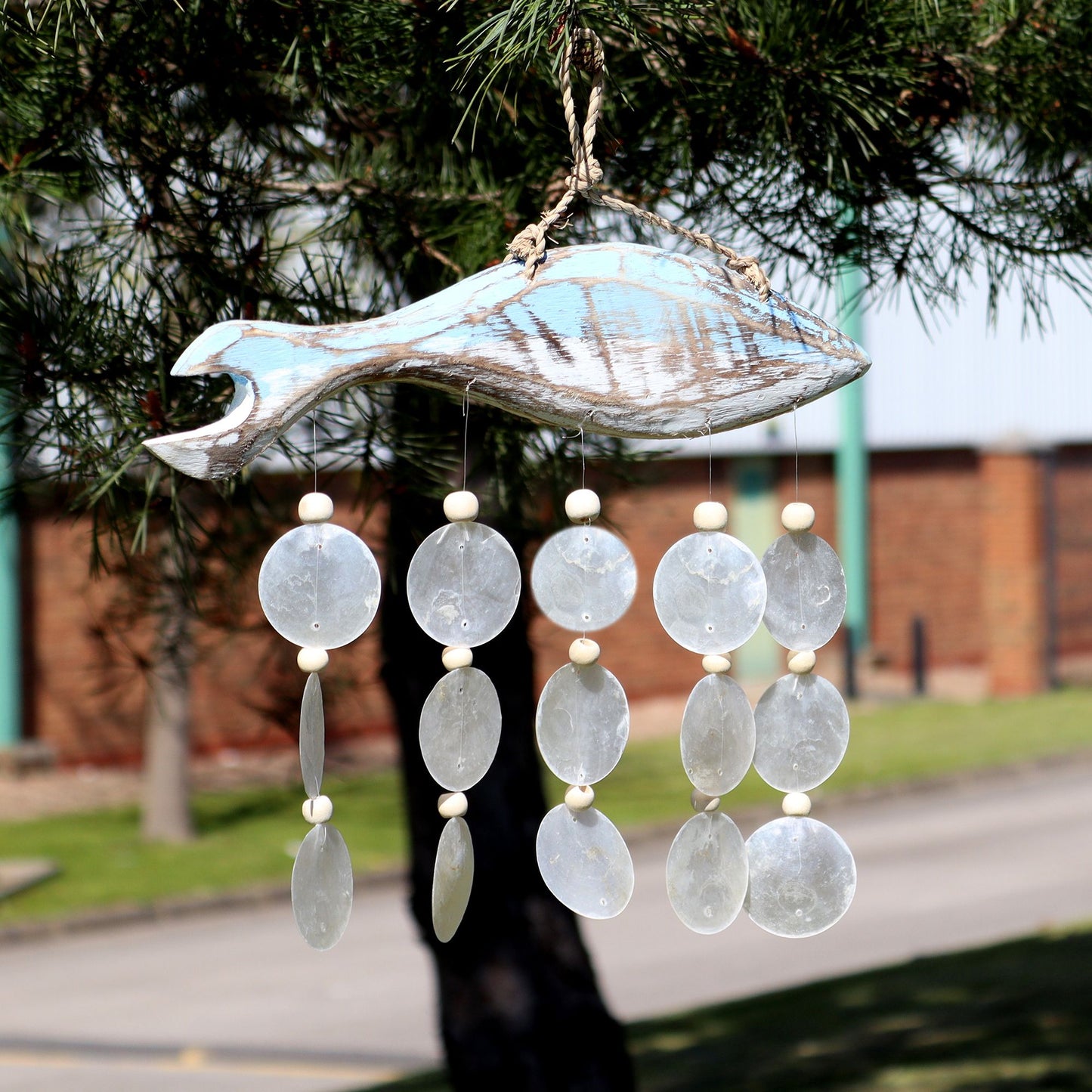 Bluewash Fish Carving & Natural Capiz Drop Chime – Handmade Wind Chime