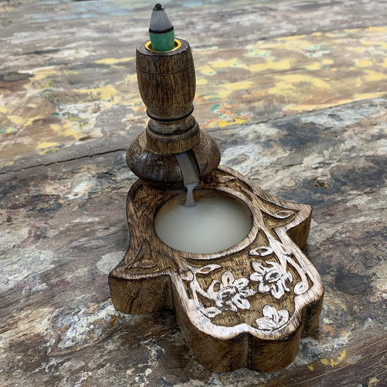 Sm Mango Wood Backflow Incense Burner - Hamsa
