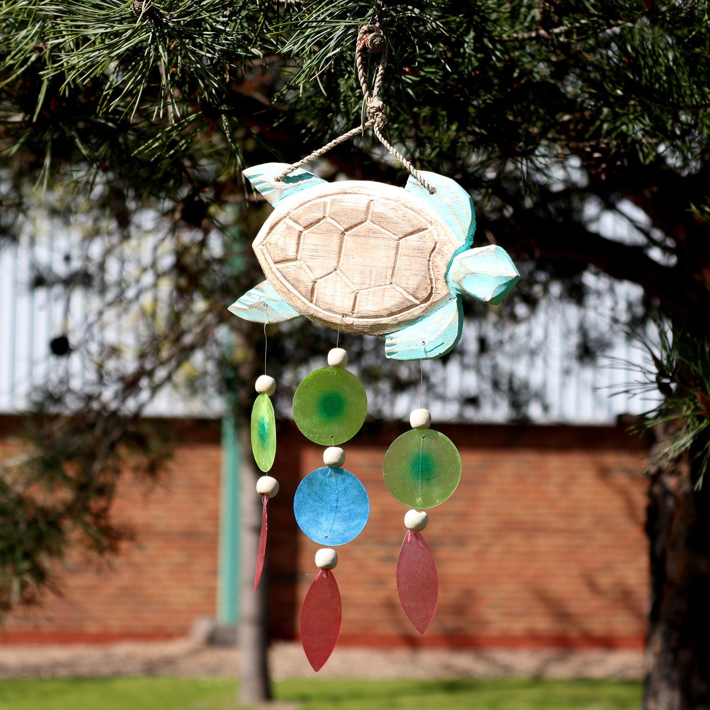 Aqua Turtle Carving & Capiz Drop Chime – Handmade Natural Wind Chime
