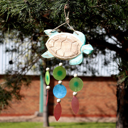 Aqua Turtle Carving & Capiz Drop Chime – Handmade Natural Wind Chime