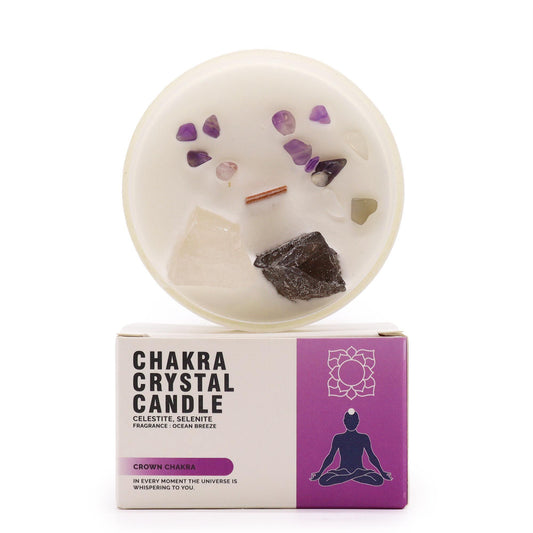 Chakra Crystal Candle – Crown Chakra | Celestite, Selenite & Ocean Breeze
