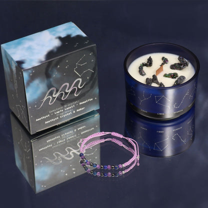 Zodiac Crystal Candle with Gemstone Bracelet – Aquarius | Amethyst Crystal & Amber