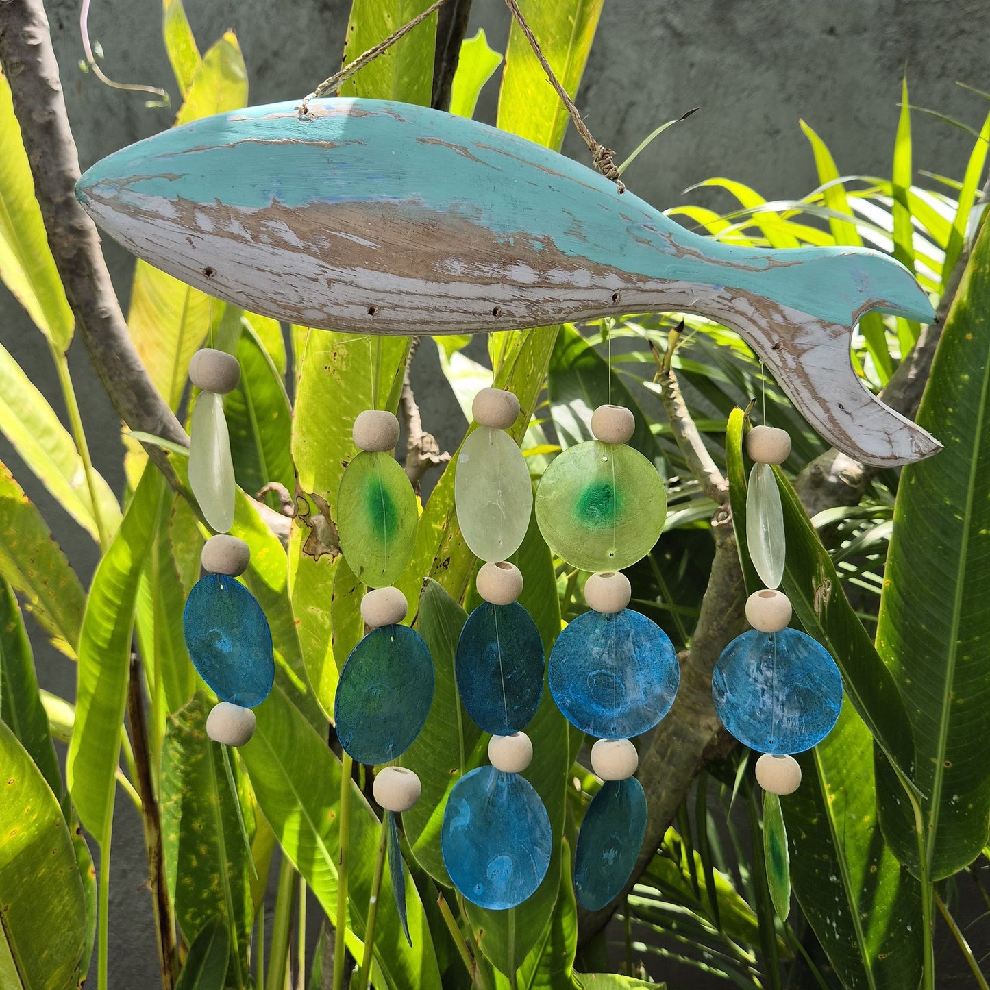 Aqua Fish Carving & Capiz Drop Chime – Handmade Natural Wind Chime