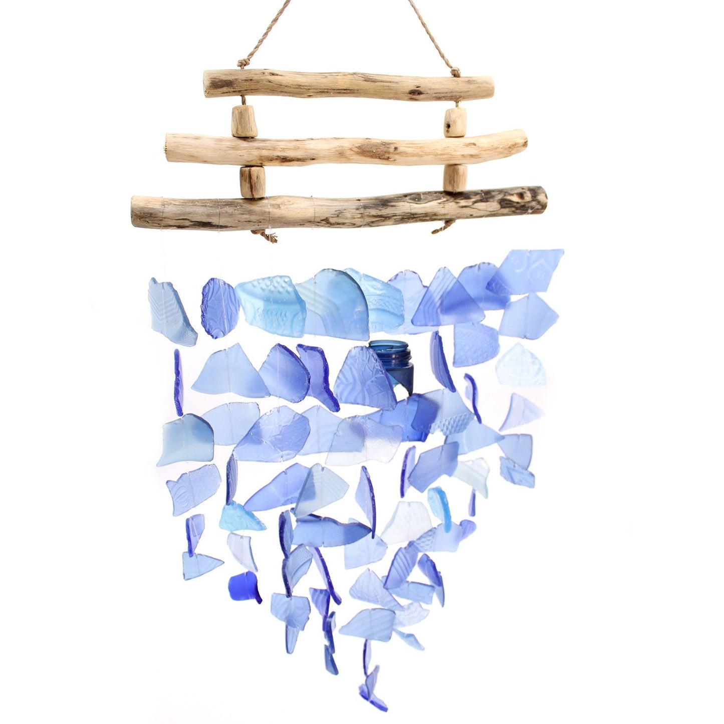 Driftwood Three Stick Sea Glass Hanging – All Blues