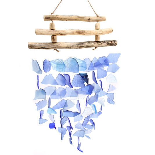 Driftwood Three Stick Sea Glass Hanging – All Blues