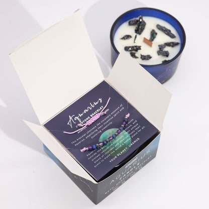 Zodiac Crystal Candle with Gemstone Bracelet – Aquarius | Amethyst Crystal & Amber