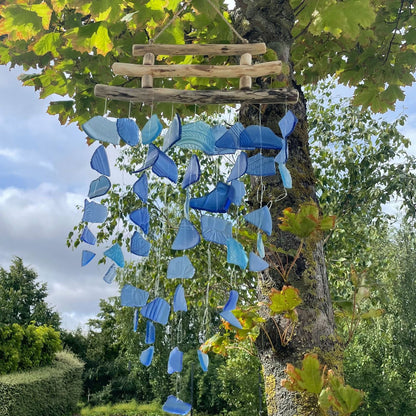 Driftwood Three Stick Sea Glass Hanging – All Blues