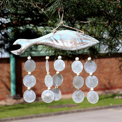 Bluewash Fish Carving & Natural Capiz Drop Chime – Handmade Wind Chime