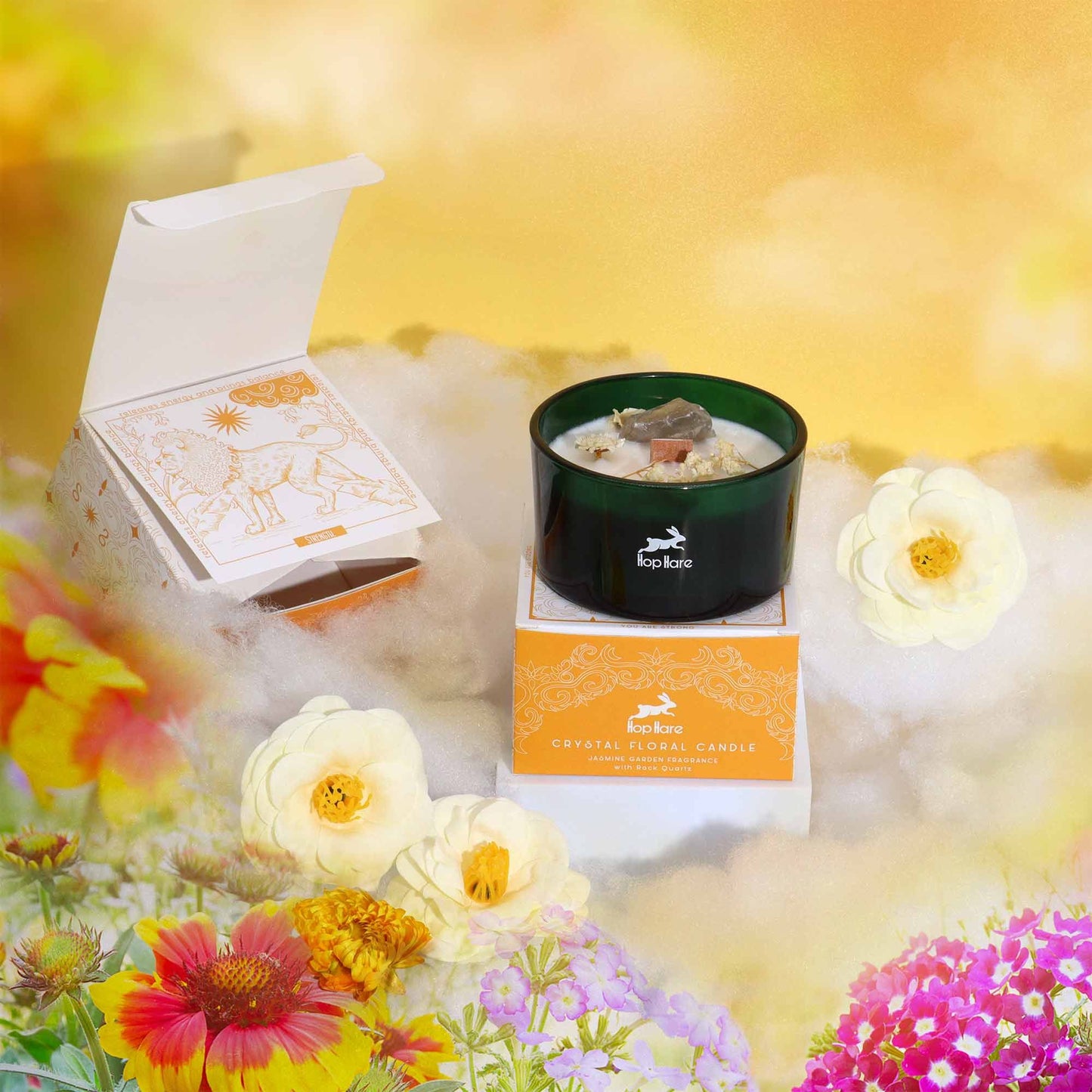 Hop Hare Crystal Magic Flower Candle – The Lion | Rock Quartz & Jasmine Garden