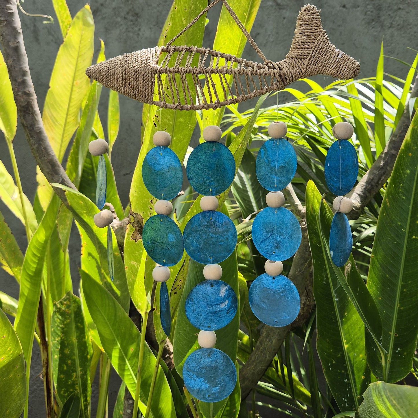 String Fish & Blue Capiz Drop Chime – Handmade Wind Chime