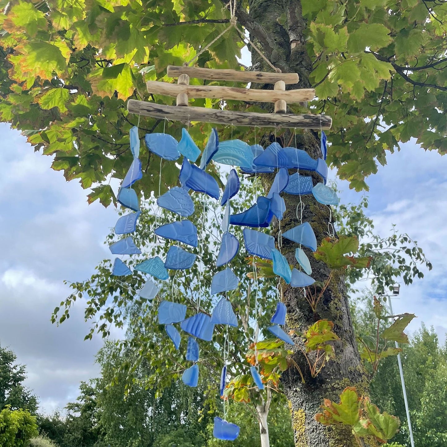 Driftwood Three Stick Sea Glass Hanging – All Blues