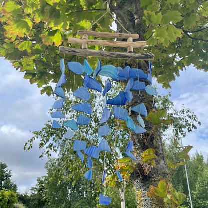 Driftwood Three Stick Sea Glass Hanging – All Blues