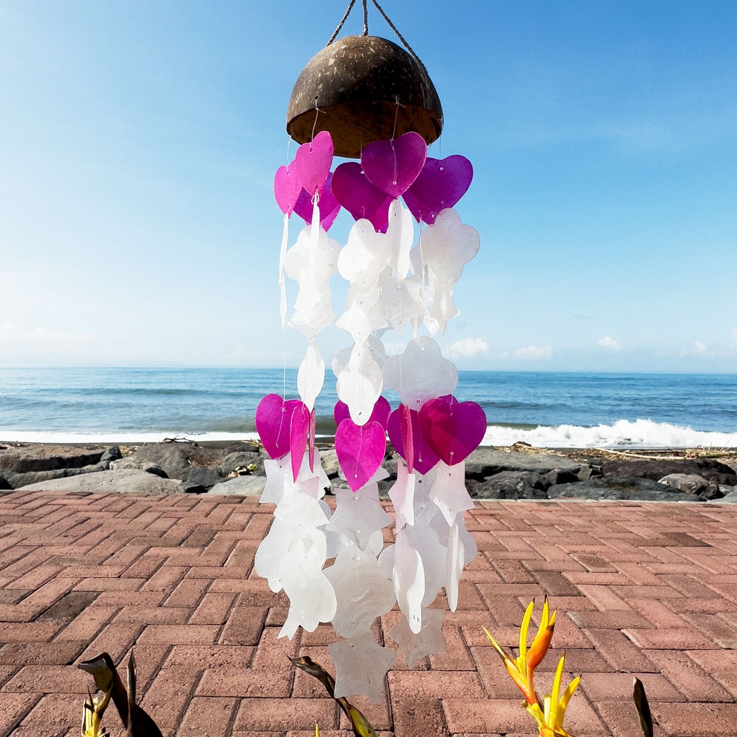 Coconut & Capiz Wind Chimes – Pink & White Mix Shapes, 35cm