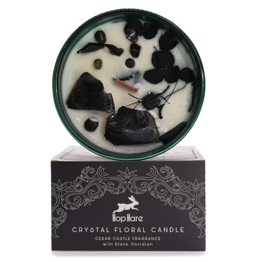 Hop Hare Crystal Magic Flower Candle – The Knight of Swords | Black Obsidian & Cedar Castle