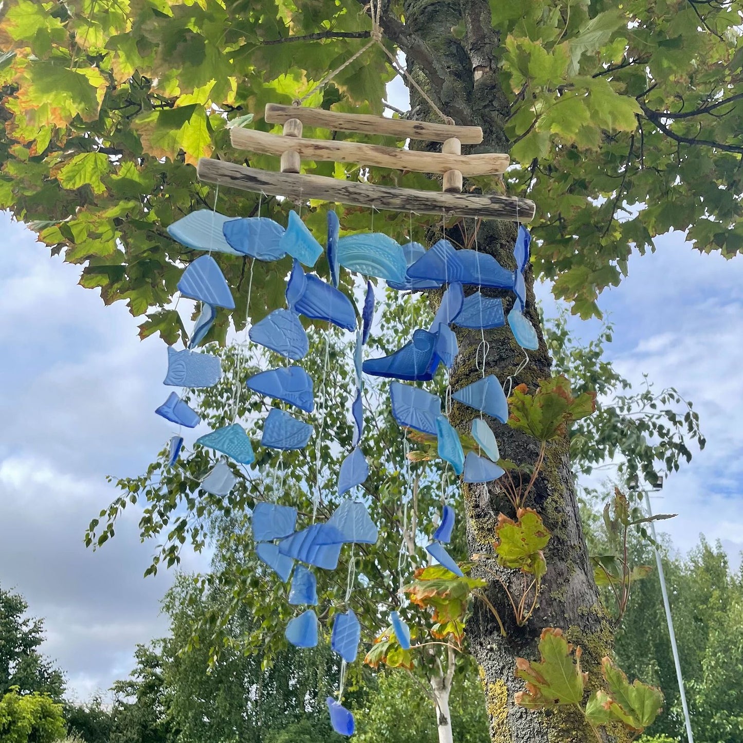 Driftwood Three Stick Sea Glass Hanging – All Blues