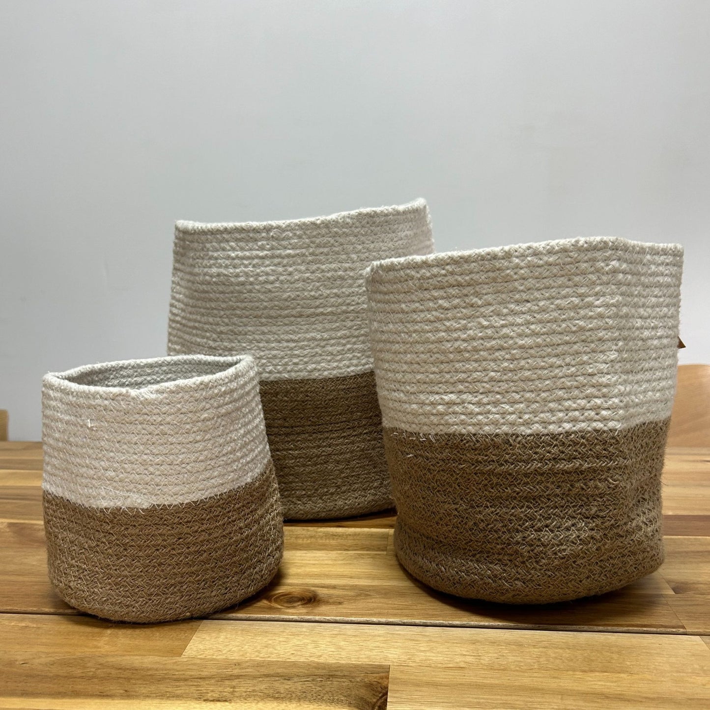 Set of 3 Indian Cotton & Jute Storage Baskets – Natural White