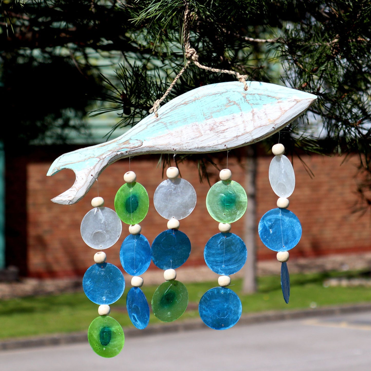 Aqua Fish Carving & Capiz Drop Chime – Handmade Natural Wind Chime