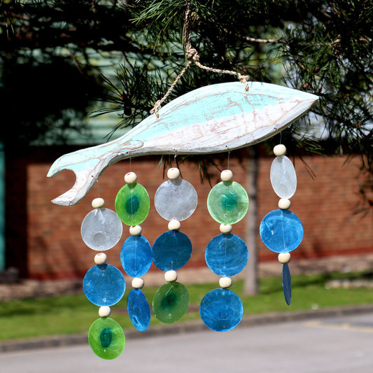 Aqua Fish Carving & Capiz Drop Chime – Handmade Natural Wind Chime