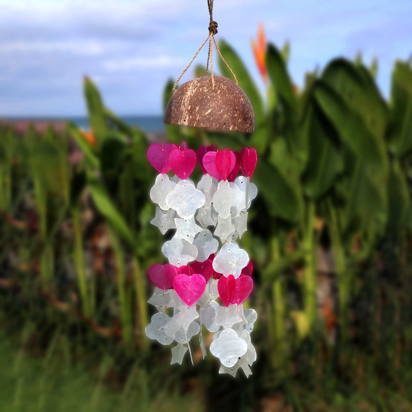 Coconut & Capiz Wind Chimes – Pink & White Mix Shapes, 35cm
