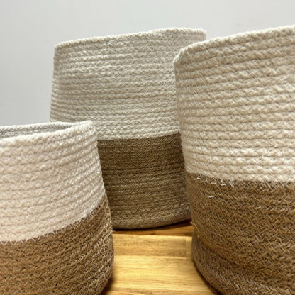 Set of 3 Indian Cotton & Jute Storage Baskets – Natural White