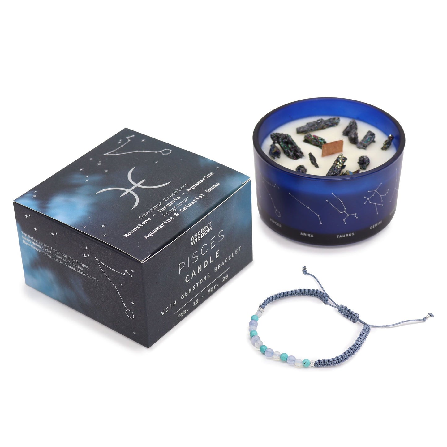 Zodiac Crystal Candle with Gemstone Bracelet – Pisces | Aquamarine & Celestial Smoke