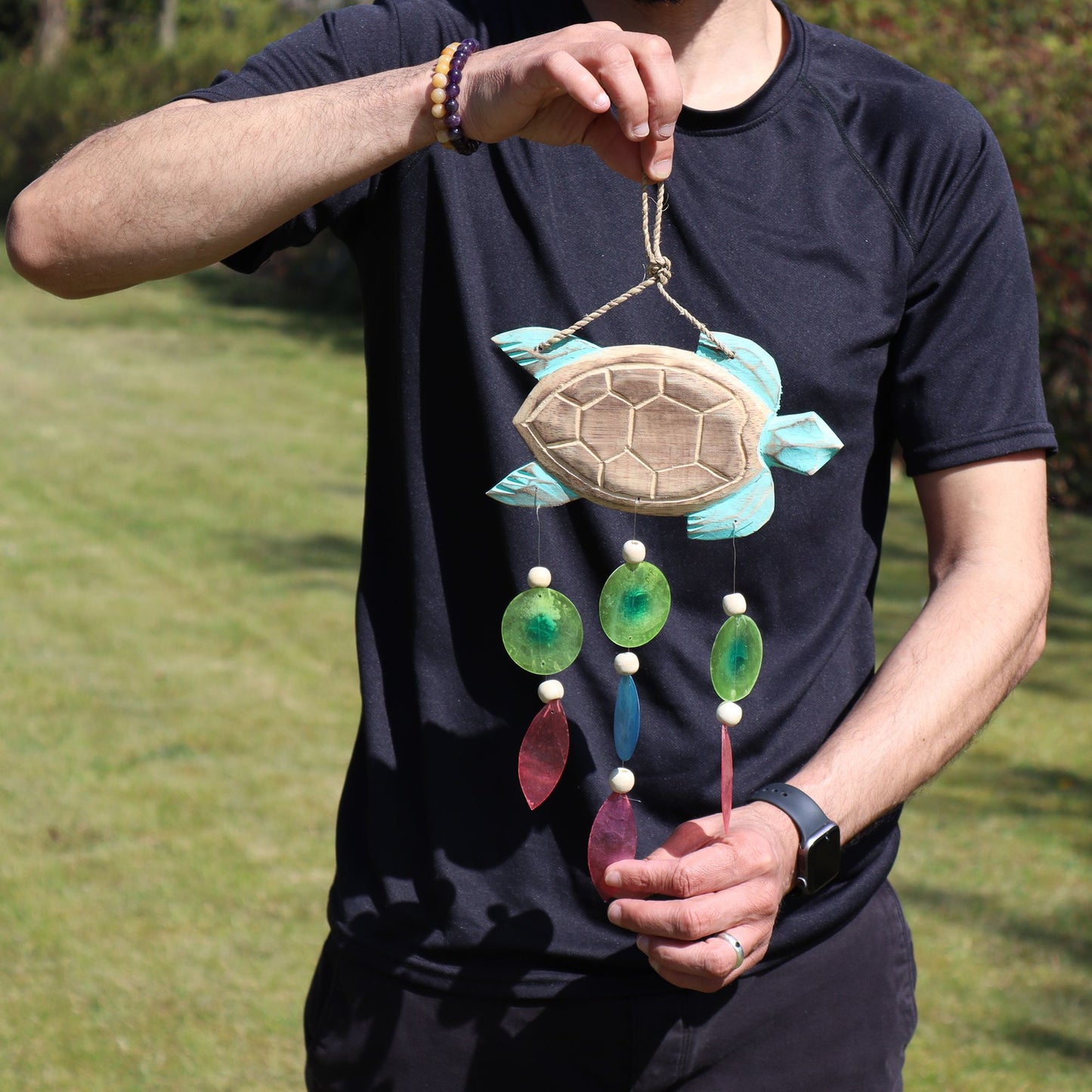 Aqua Turtle Carving & Capiz Drop Chime – Handmade Natural Wind Chime