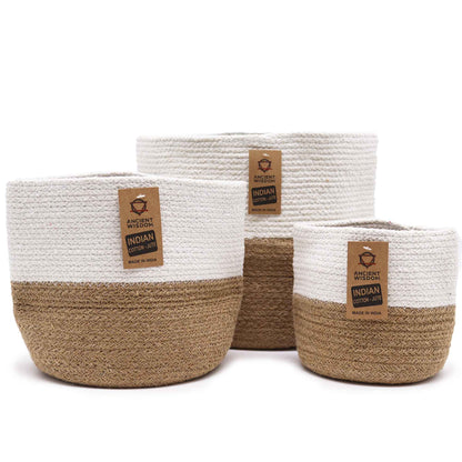 Set of 3 Indian Cotton & Jute Storage Baskets – Natural White