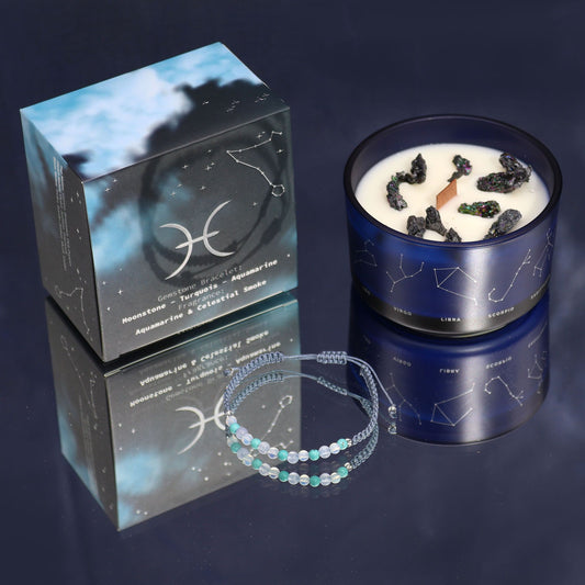 Zodiac Crystal Candle with Gemstone Bracelet – Pisces | Aquamarine & Celestial Smoke