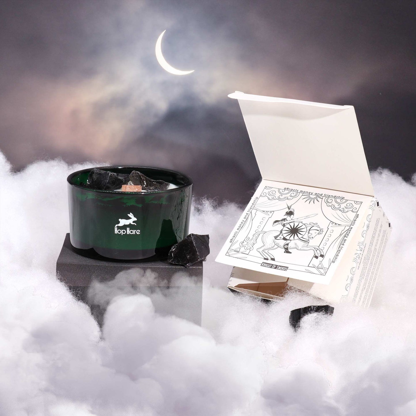 Hop Hare Crystal Magic Flower Candle – The Knight of Swords | Black Obsidian & Cedar Castle