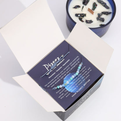 Zodiac Crystal Candle with Gemstone Bracelet – Pisces | Aquamarine & Celestial Smoke