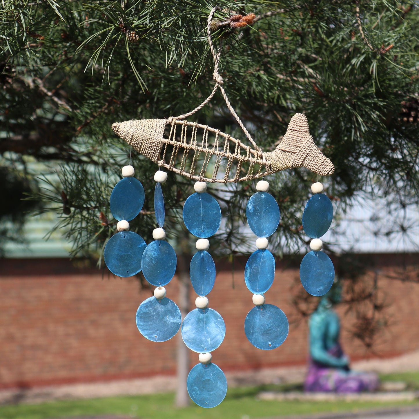 String Fish & Blue Capiz Drop Chime – Handmade Wind Chime
