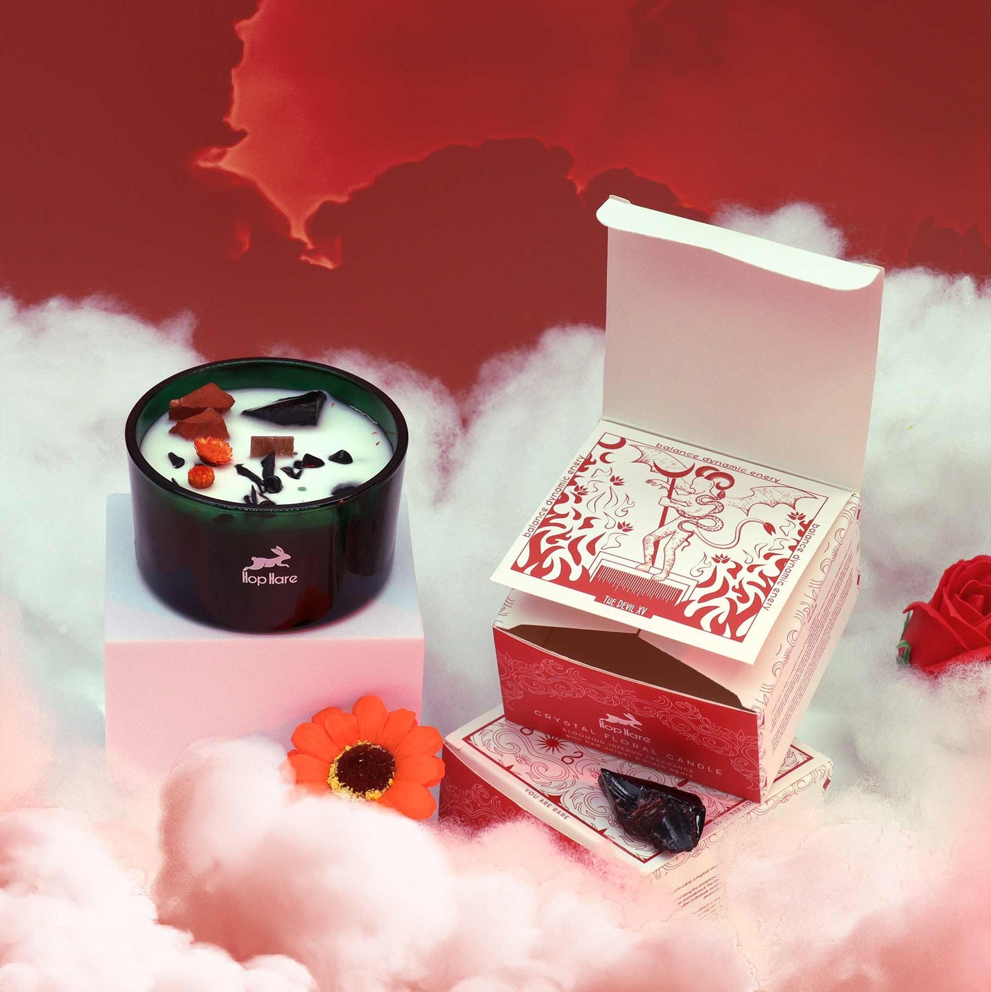 Hop Hare Crystal Magic Flower Candle – The Devil | Red Jasper, Black Agate & Blooming Inferno