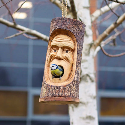Grumpy Old Man Tree Trunk Bird House – Hand-Carved in Indonesia | Garden Decoration