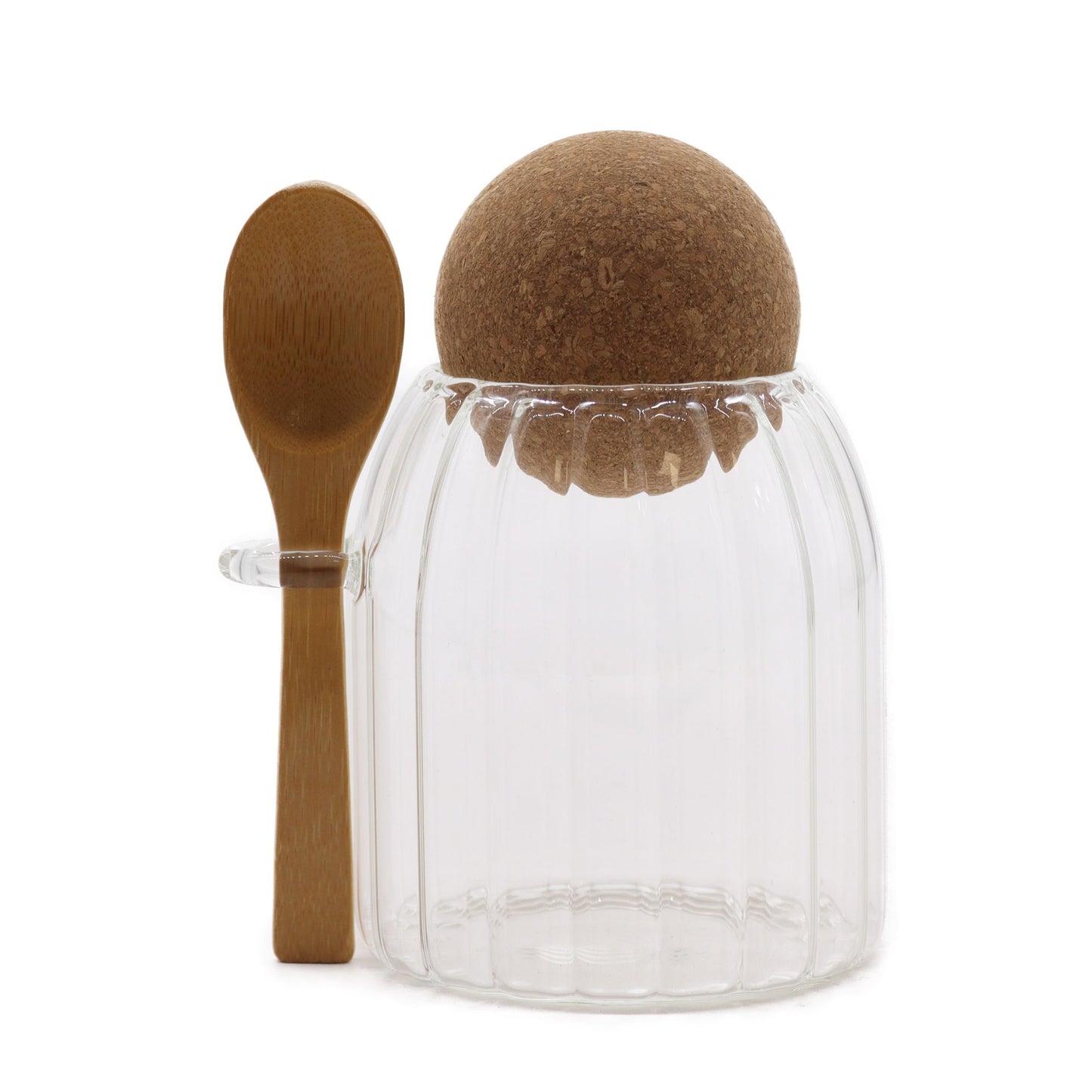 Ribbed Glass Jar with Cork Ball Lid & Bamboo Spoon - 10cm