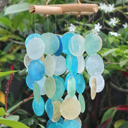 Blue & Pearl Driftwood Cross Chime – Handmade Capiz Shell & Driftwood