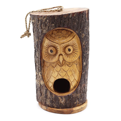 Wise Owl Tree Trunk Bird House – Hand-Carved in Indonesia | Natural Garden Decoration
