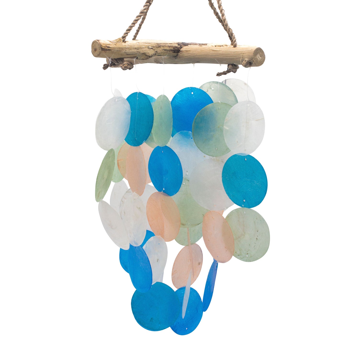 Blue & Pearl Driftwood Cross Chime – Handmade Capiz Shell & Driftwood