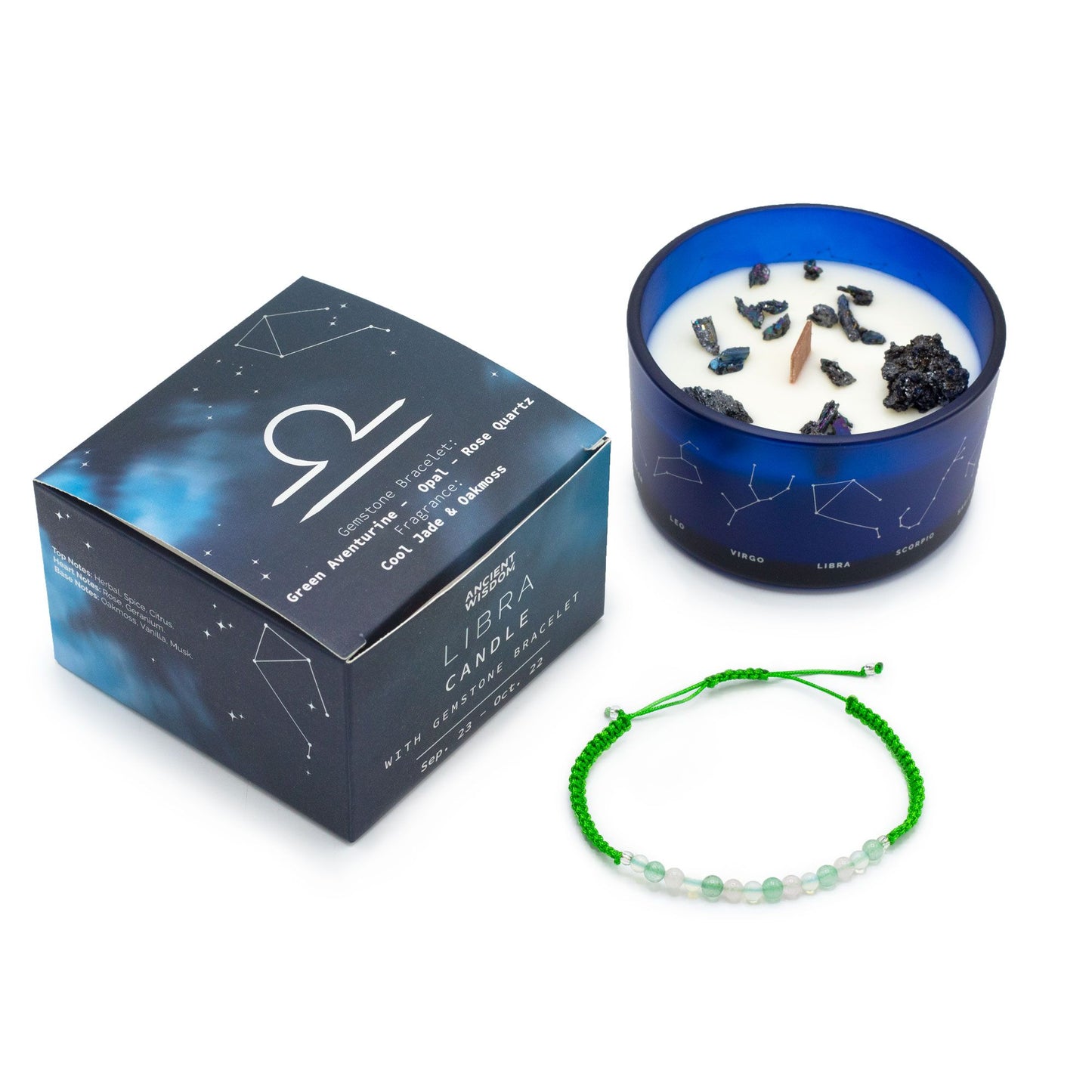 Zodiac Crystal Candle with Gemstone Bracelet – Libra | Cool Jade & Oakmoss