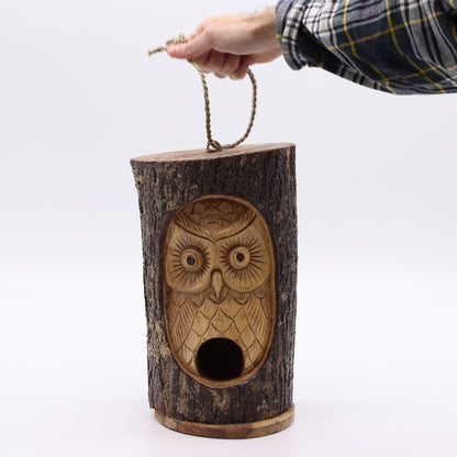 Wise Owl Tree Trunk Bird House – Hand-Carved in Indonesia | Natural Garden Decoration
