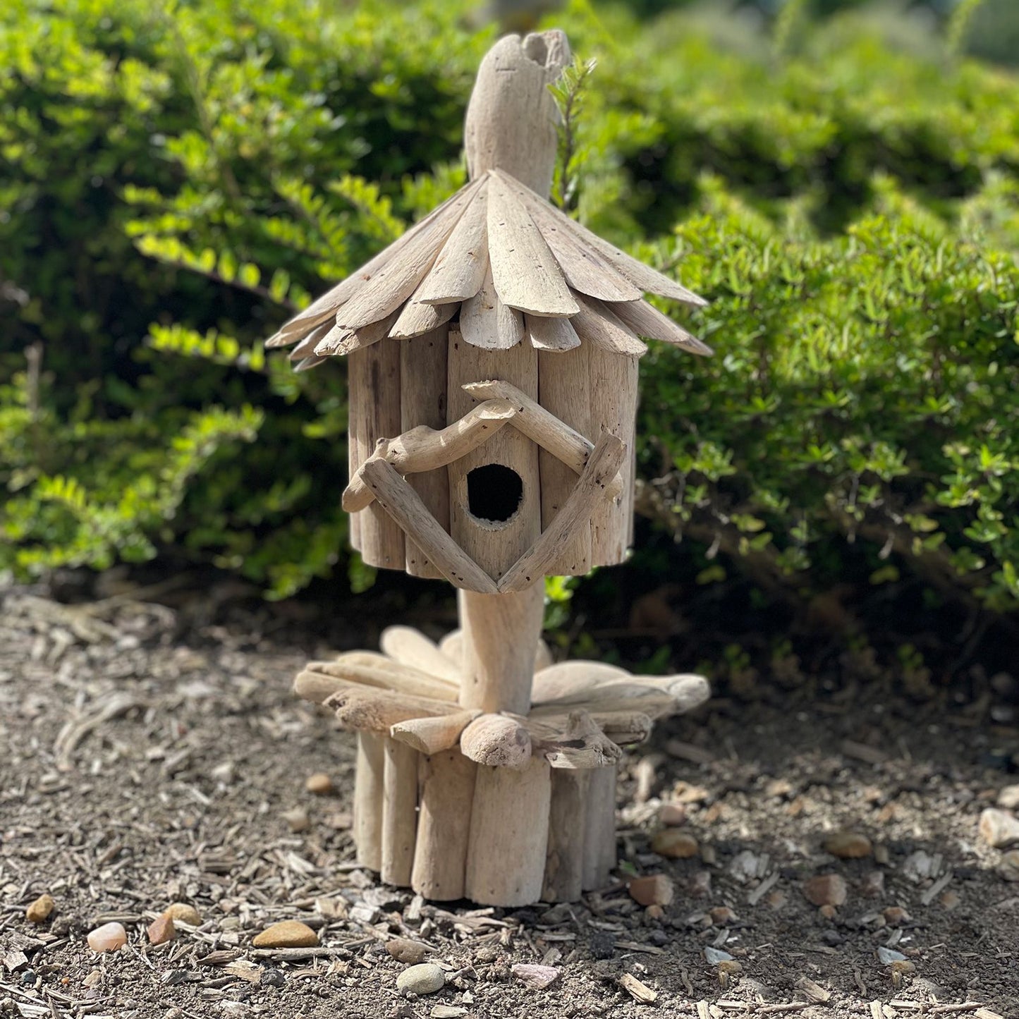 Driftwood Bird Box on Stand – Handmade in Indonesia | Recycled Driftwood Garden Decoration