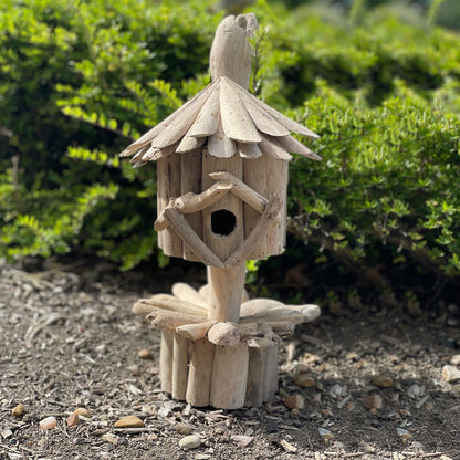 Driftwood Bird Box on Stand – Handmade in Indonesia | Recycled Driftwood Garden Decoration
