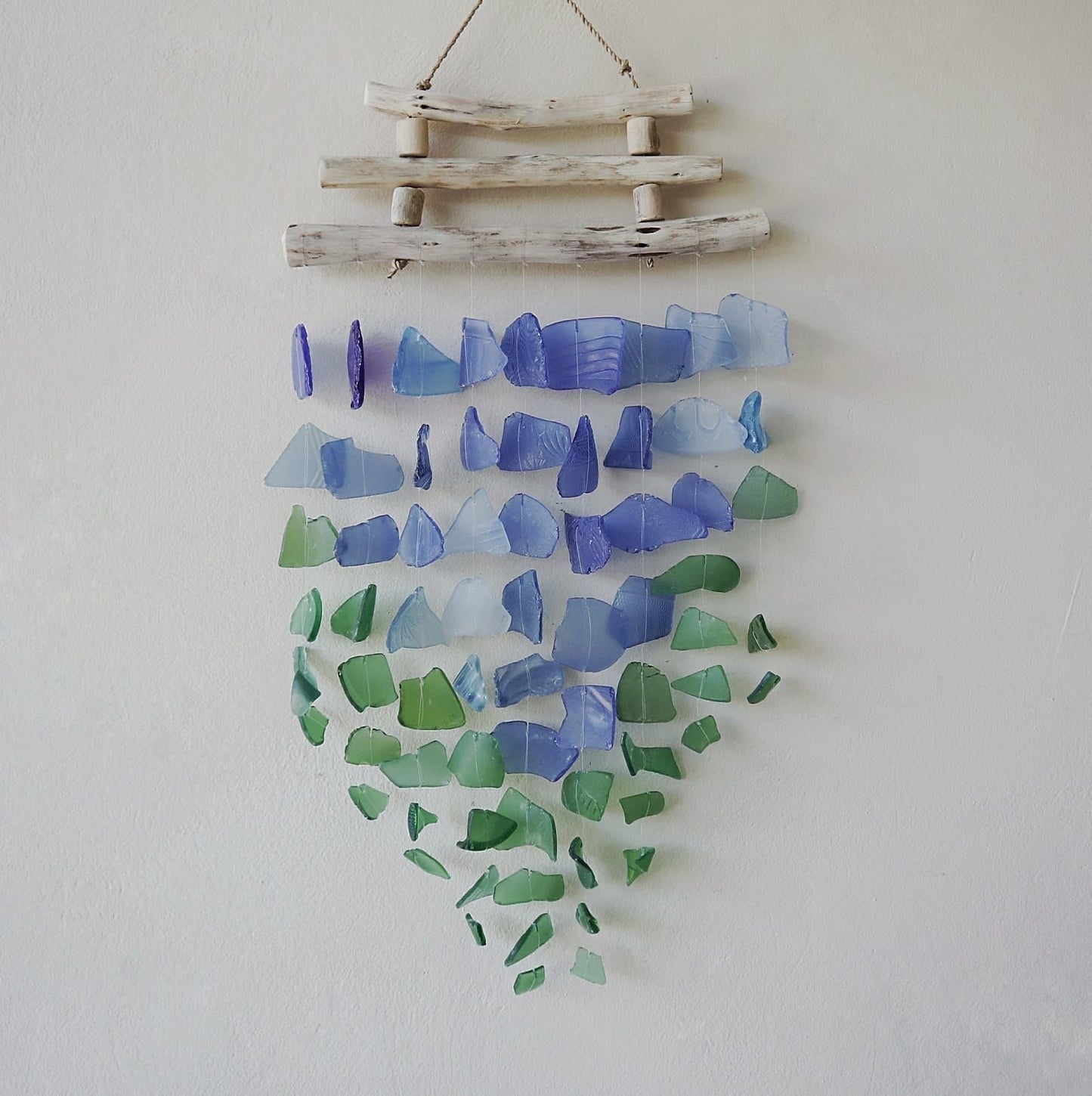 Driftwood Three Stick Sea Glass Hanging – Blue & Green