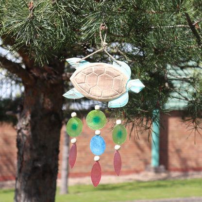Aqua Turtle Carving & Capiz Drop Chime – Handmade Natural Wind Chime