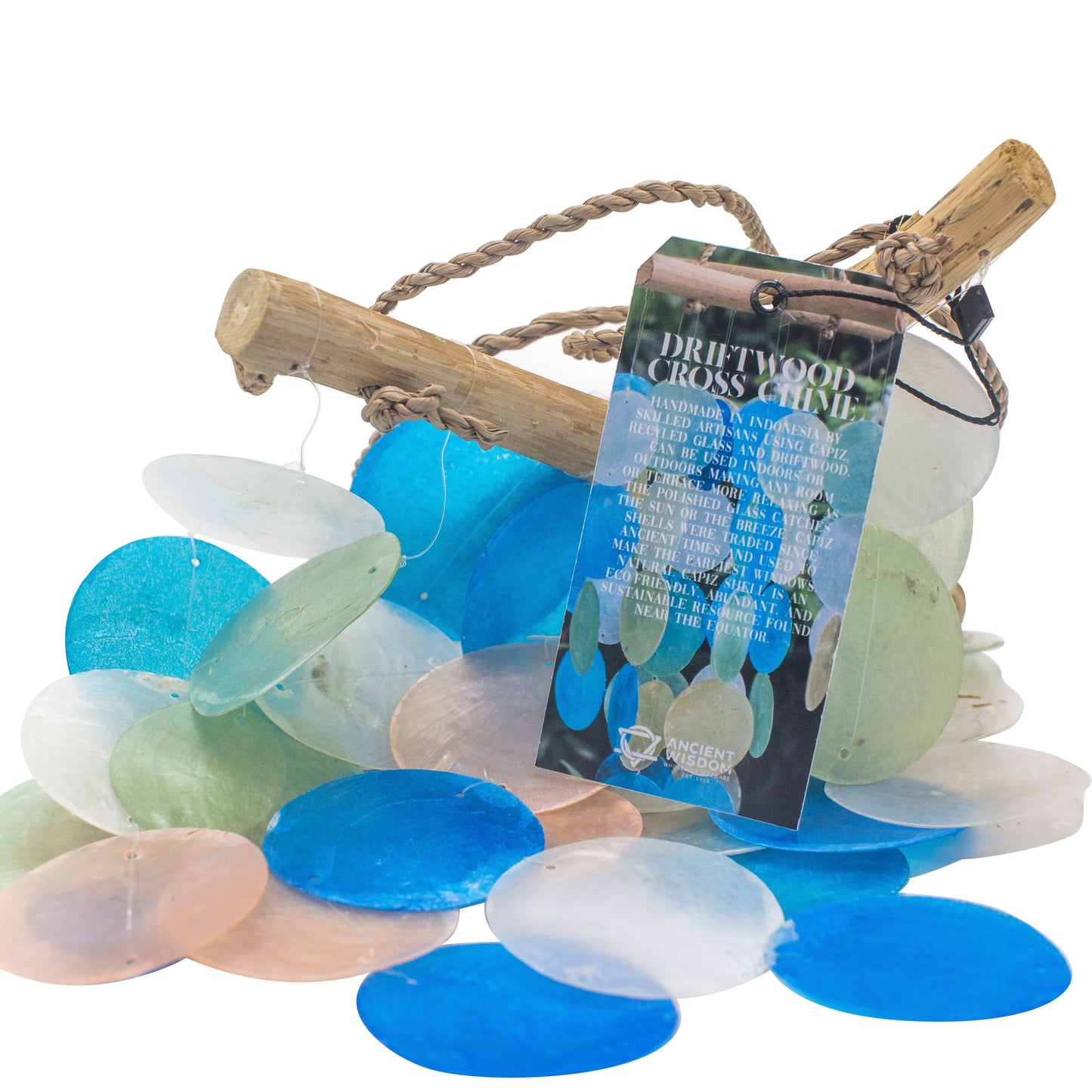 Blue & Pearl Driftwood Cross Chime – Handmade Capiz Shell & Driftwood