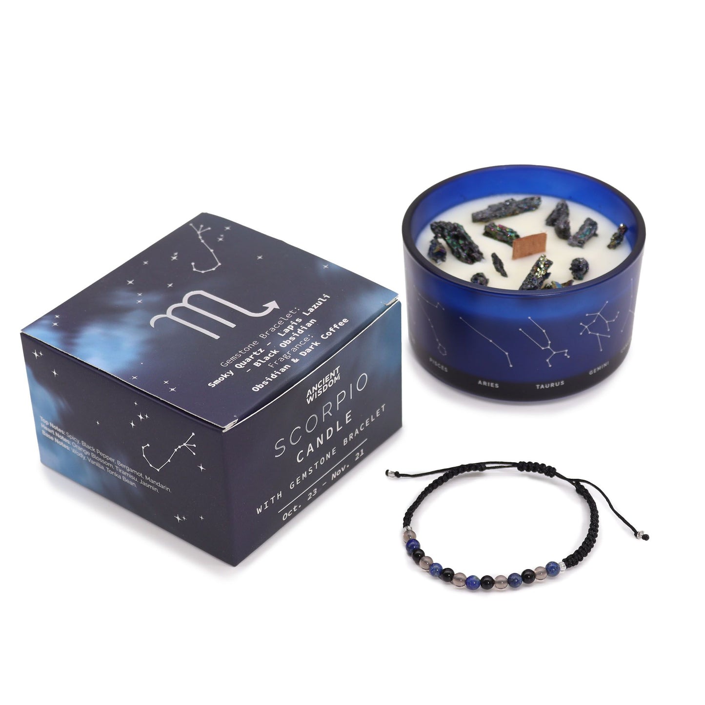 Zodiac Crystal Candle with Gemstone Bracelet – Scorpio | Obsidian & Dark Coffee