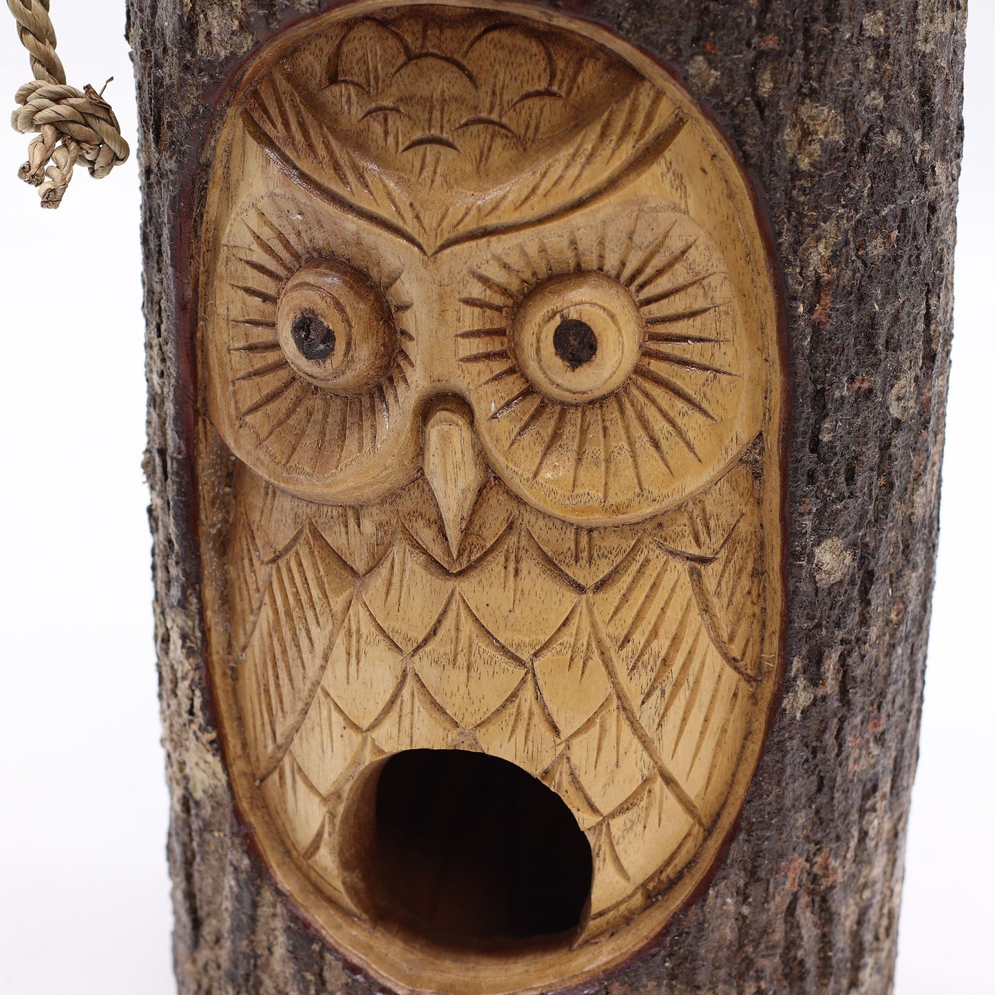 Wise Owl Tree Trunk Bird House – Hand-Carved in Indonesia | Natural Garden Decoration